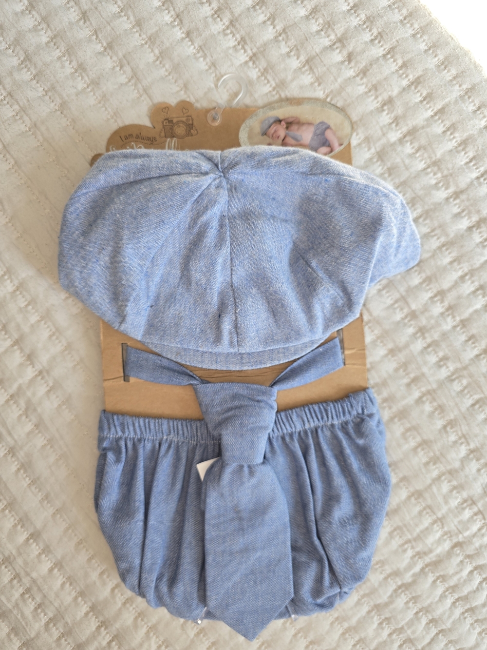 Baby Boys Blue Three-Piece Matching Set with Cap and Tie And Diaper Cover